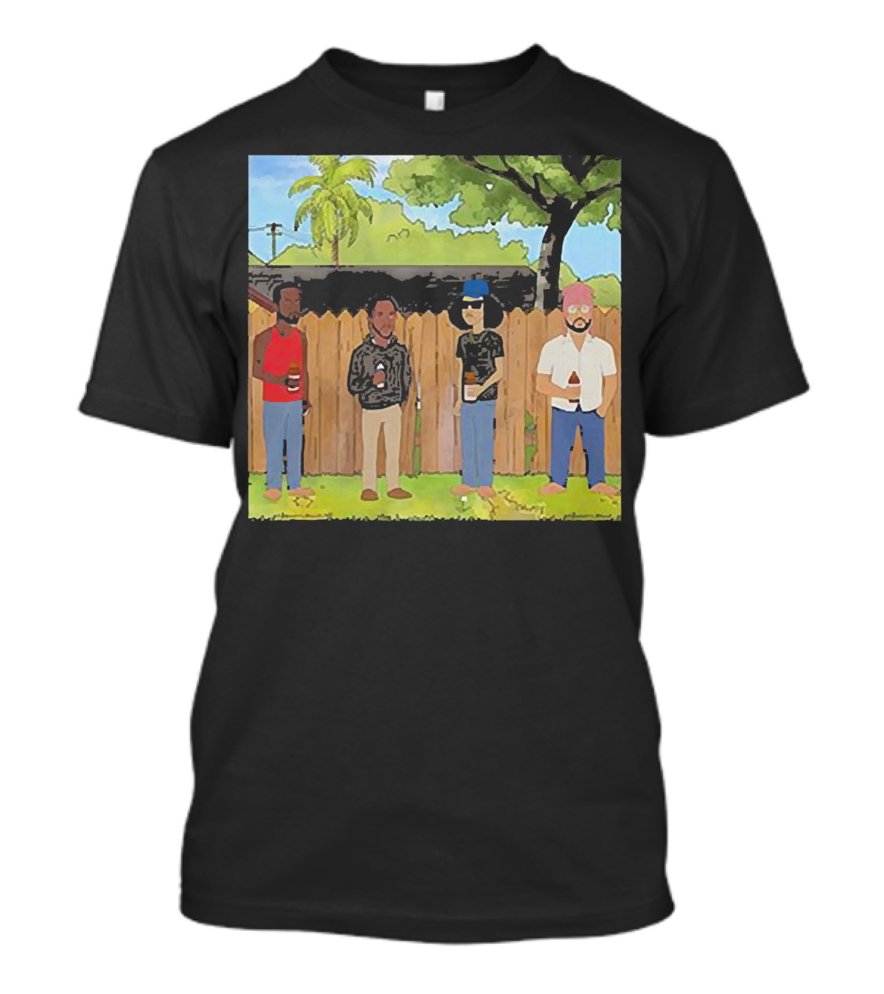King Of The Hill Treatment With Four Men By Fence With Beverages And Trees T-Shirt
