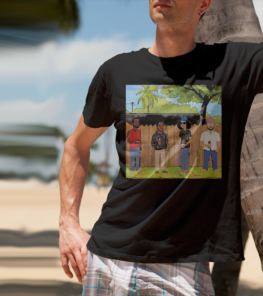 King Of The Hill Treatment With Four Men By Fence With Beverages And Trees T-Shirt