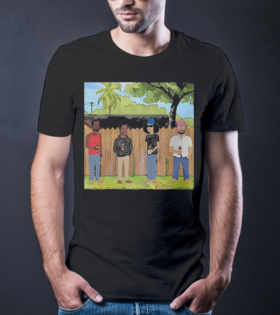 King Of The Hill Treatment With Four Men By Fence With Beverages And Trees T-Shirt
