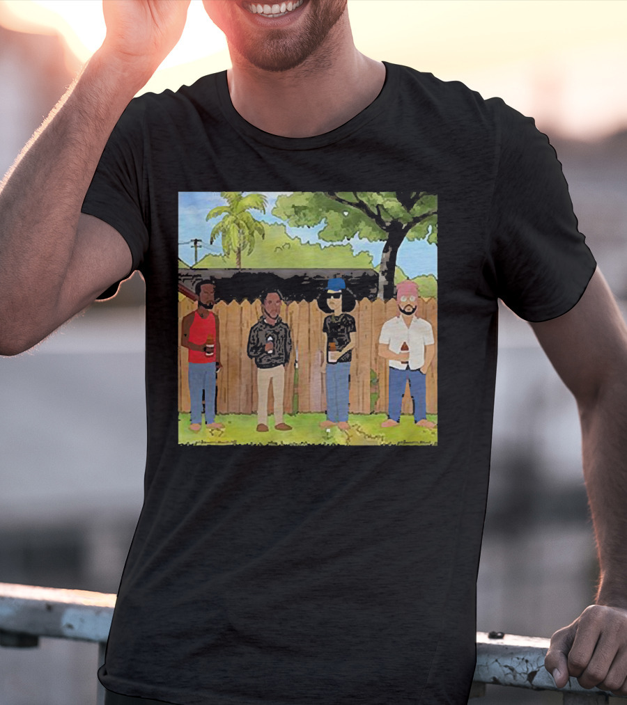 King Of The Hill Treatment With Four Men By Fence With Beverages And Trees T-Shirt