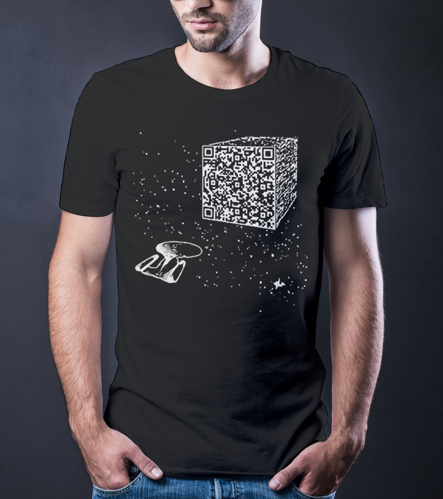 Scan QR Code Spaceship And Cube In Space T-Shirt