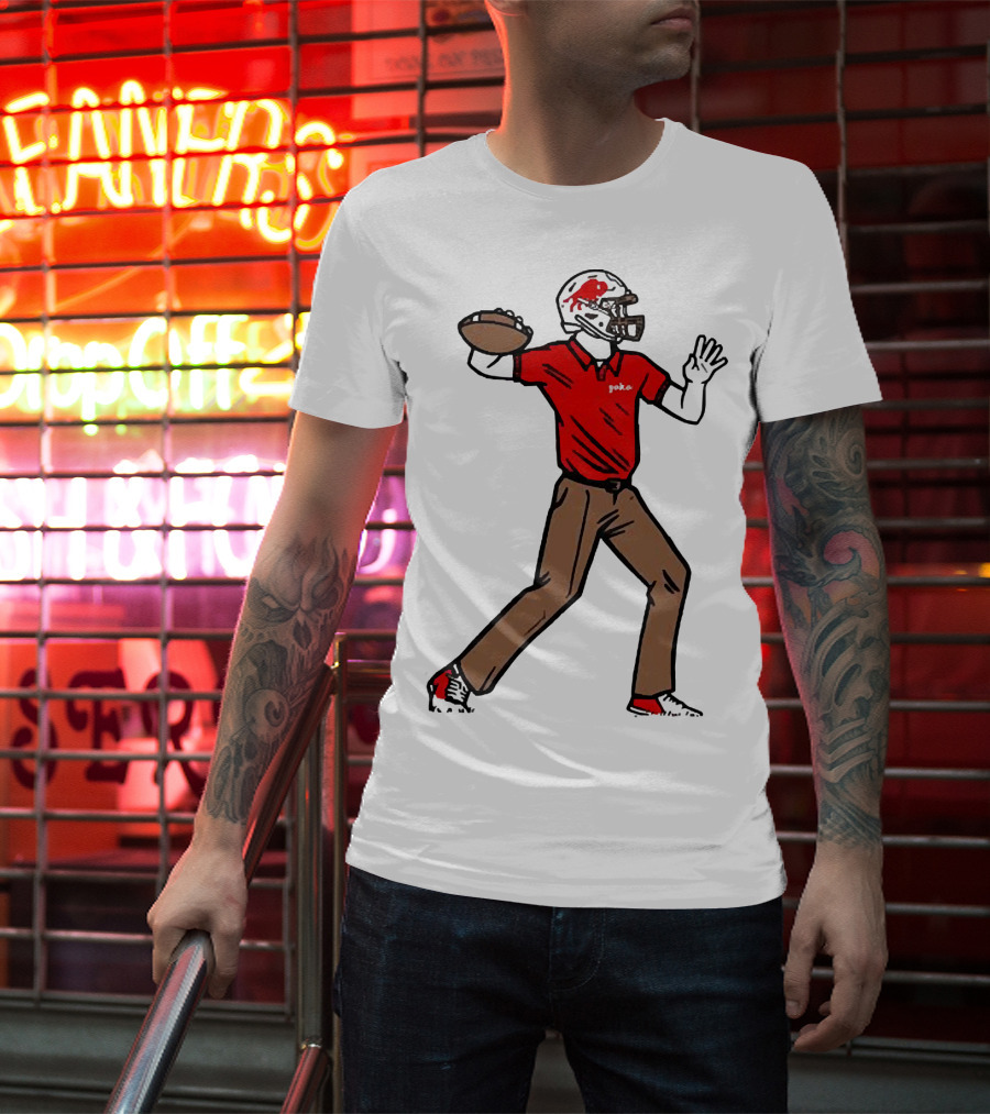 Jake From Buffalo Football Player Throwing Pass Brown Pants Red Shirt Helmet T-Shirt