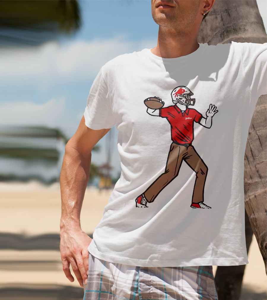 Jake From Buffalo Football Player Throwing Pass Brown Pants Red Shirt Helmet T-Shirt