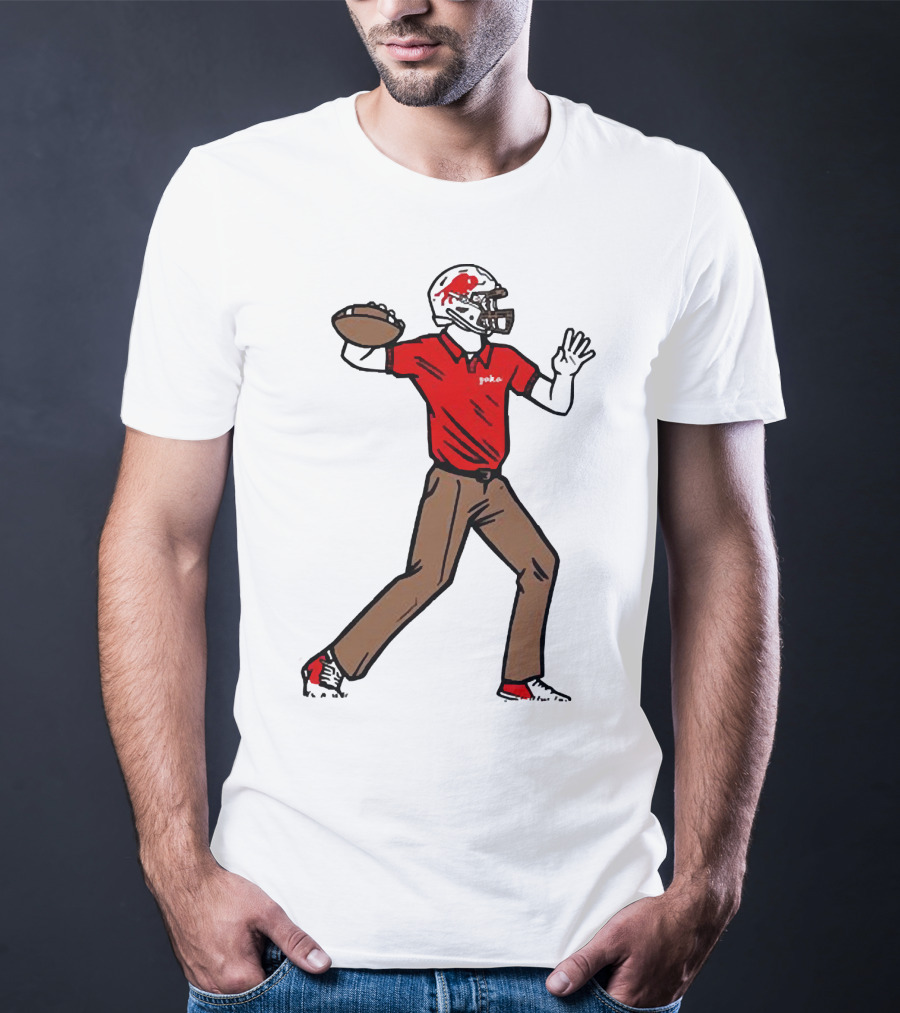 Jake From Buffalo Football Player Throwing Pass Brown Pants Red Shirt Helmet T-Shirt