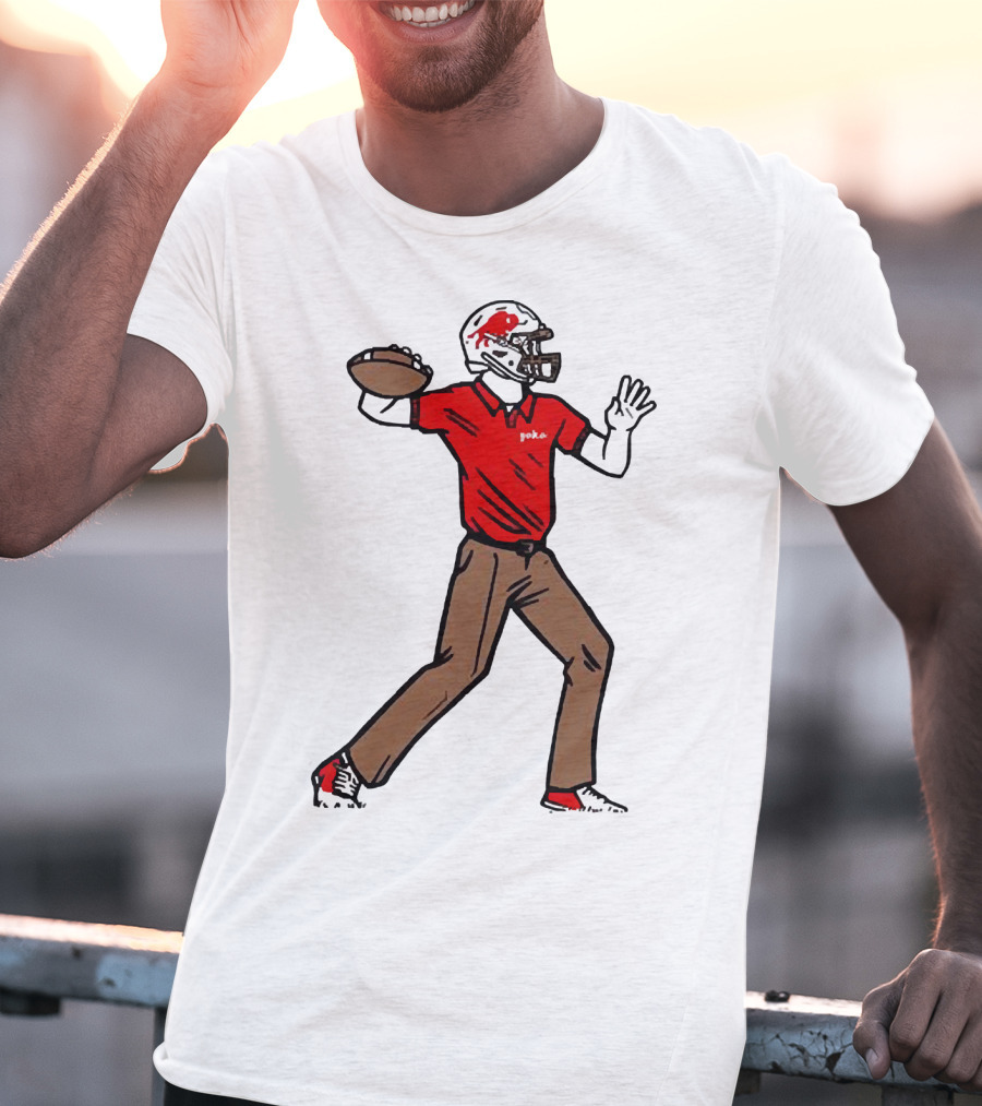 Jake From Buffalo Football Player Throwing Pass Brown Pants Red Shirt Helmet T-Shirt