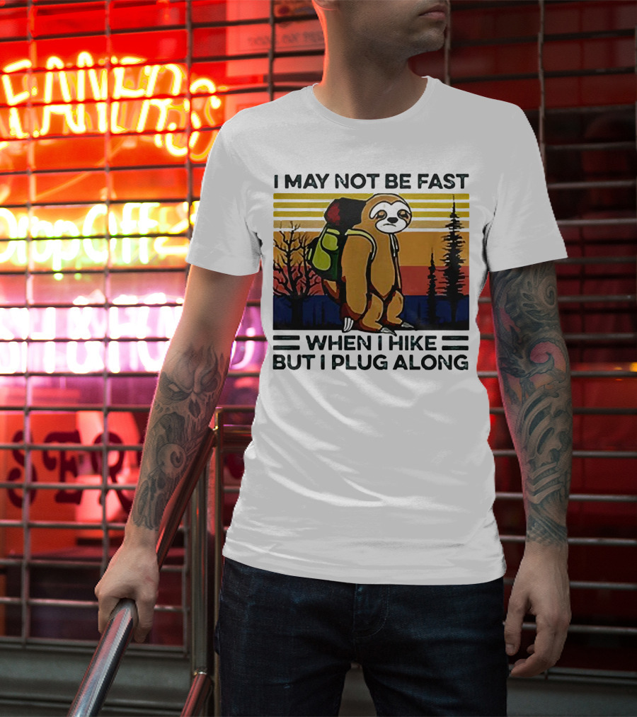 I May Not Be Fast When I Hike But I Plug Along Sloth Retro Forest Scene T-Shirt