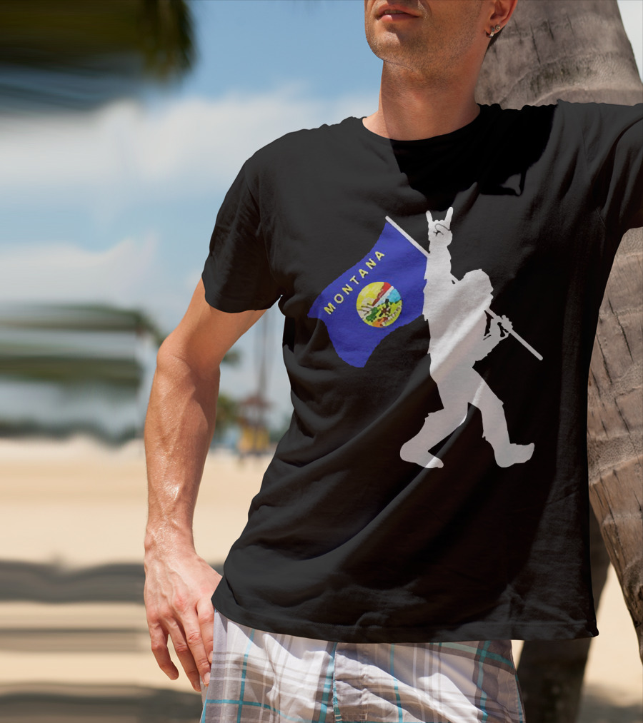 Bigfoot Holding Montana State Flag Middle Finger Gesture T-Shirt