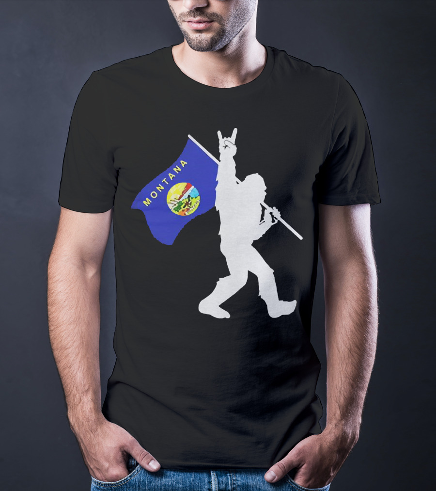 Bigfoot Holding Montana State Flag Middle Finger Gesture T-Shirt