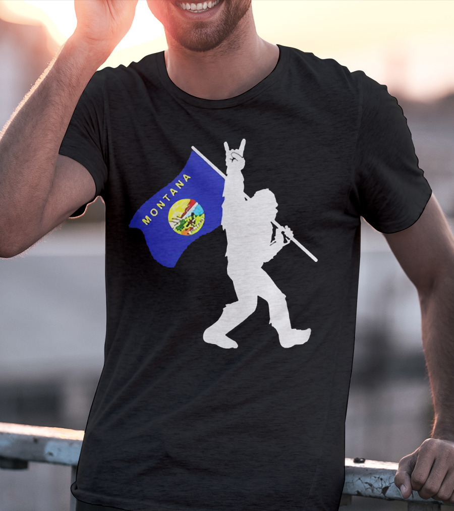 Bigfoot Holding Montana State Flag Middle Finger Gesture T-Shirt