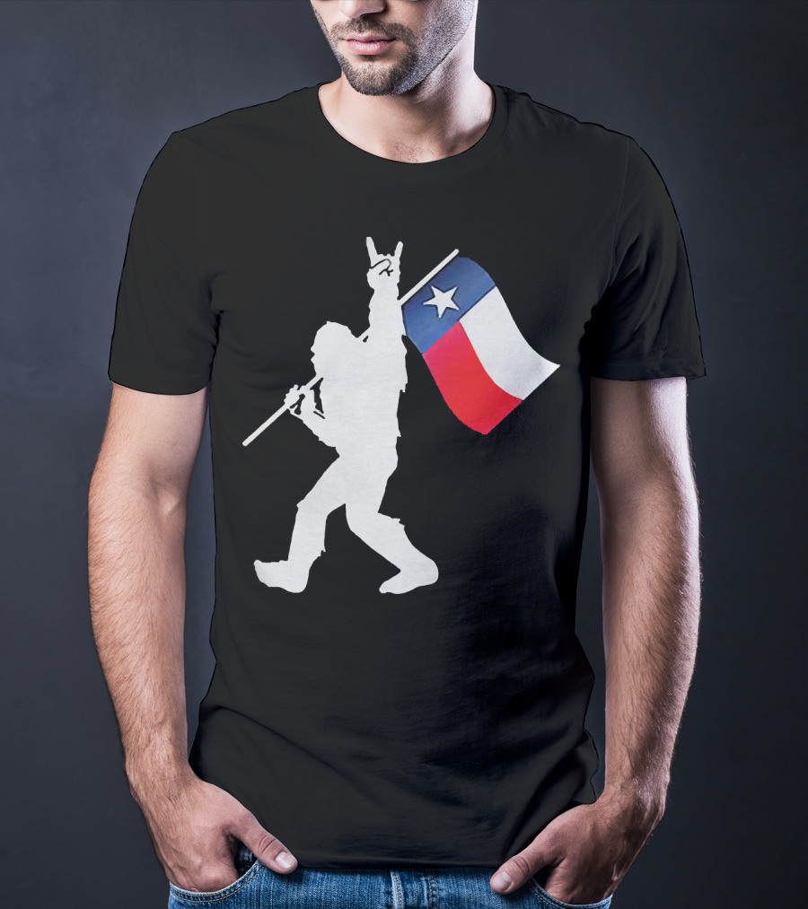 Bigfoot Holding Texas Flag Rock And Roll Salute T-Shirt