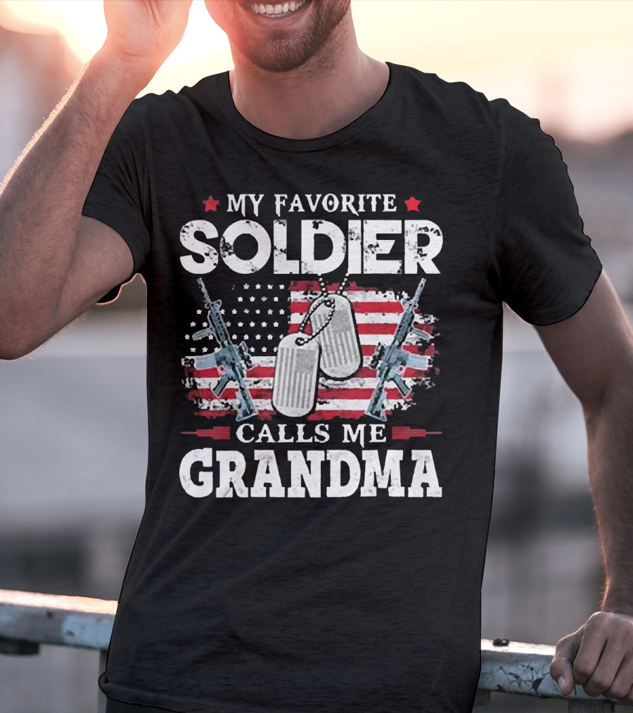 My Favorite Soldier Calls Me Grandma USA Flag Dog Tags Rifle T-Shirt
