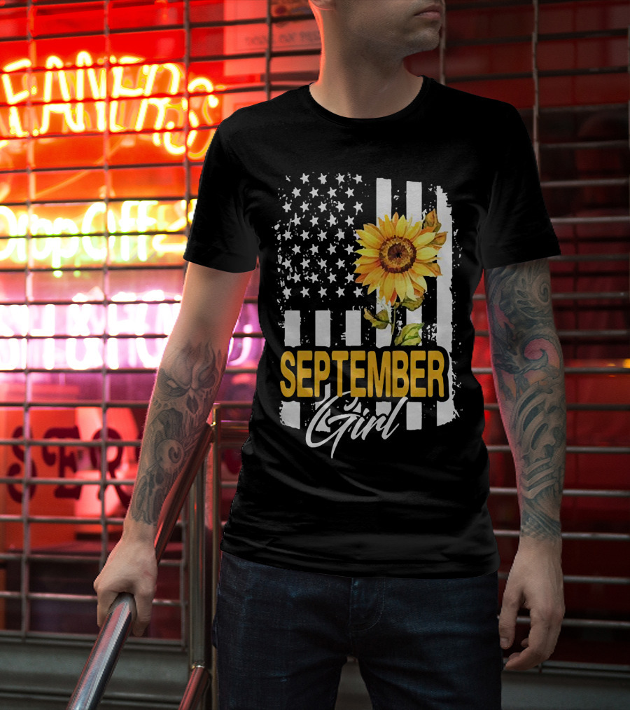 September Girl Sunflowers With American Flag T-Shirt