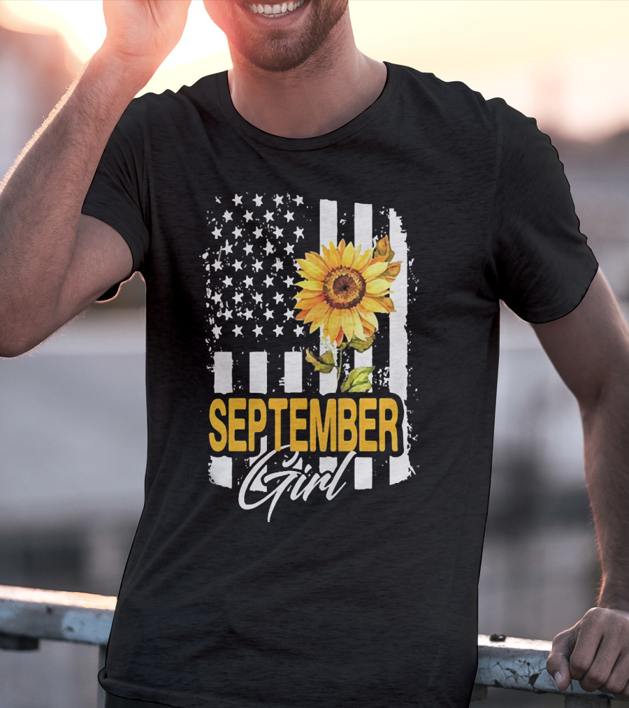 September Girl Sunflowers With American Flag T-Shirt