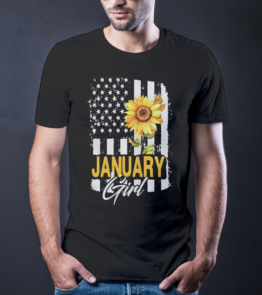 Sunflowers January Girl American Flag T-Shirt