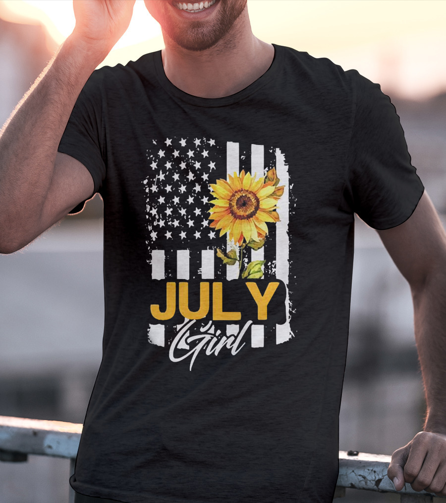 July Girl Sunflower American Flag T-Shirt