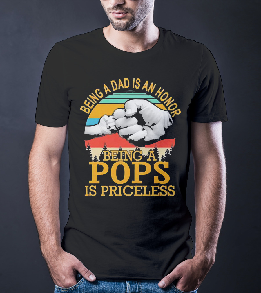 Being A Dad Is An Honor Being A Pops Is Priceless Forest Fist Bump Retro Stripes T-Shirt