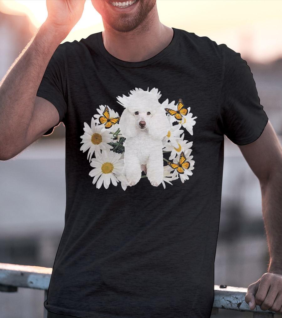 French Poodle Daisy With Butterflies And Flowers T-Shirt
