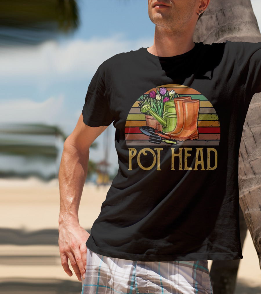 Pot Head Gardening Boots Watering Can Flowers Sunset Stripes T-Shirt