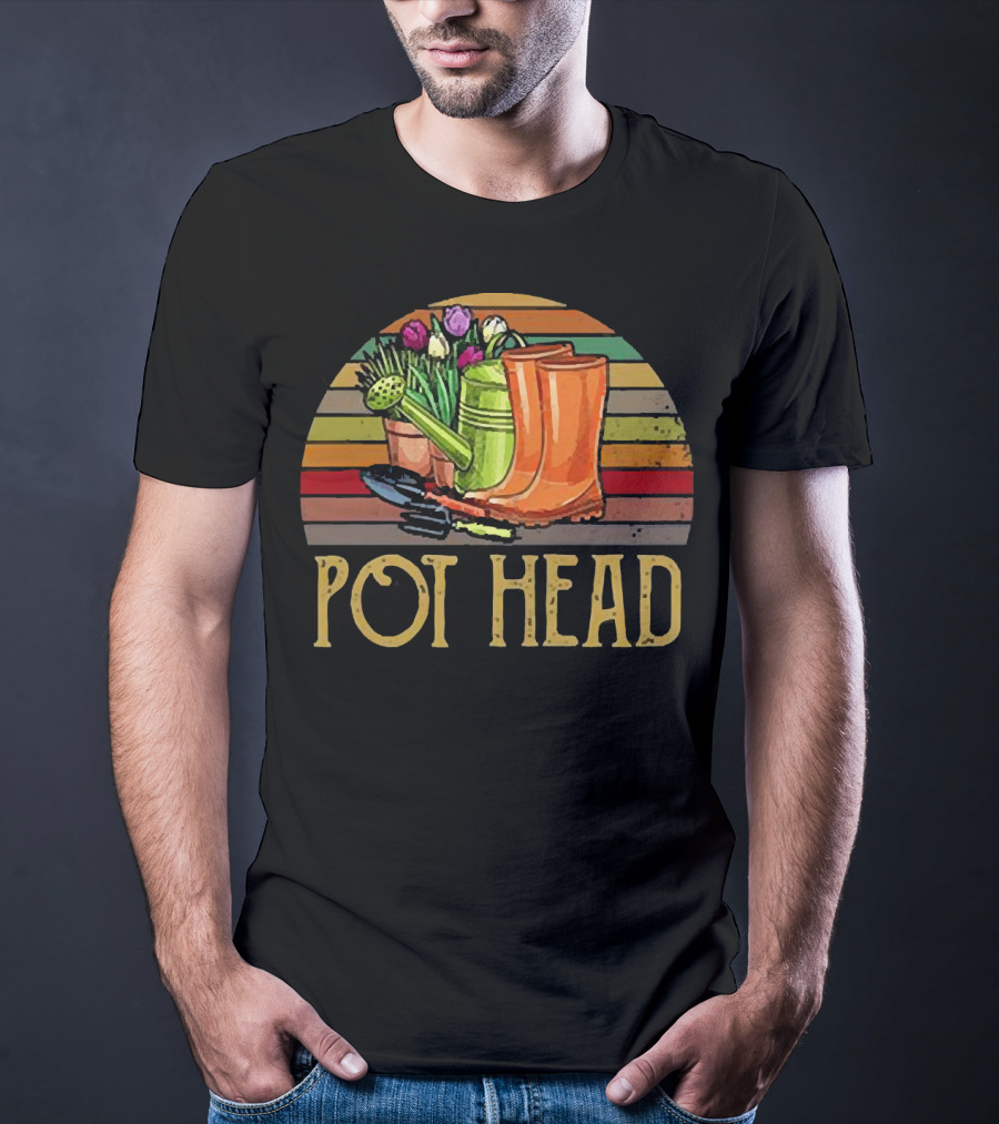 Pot Head Gardening Boots Watering Can Flowers Sunset Stripes T-Shirt
