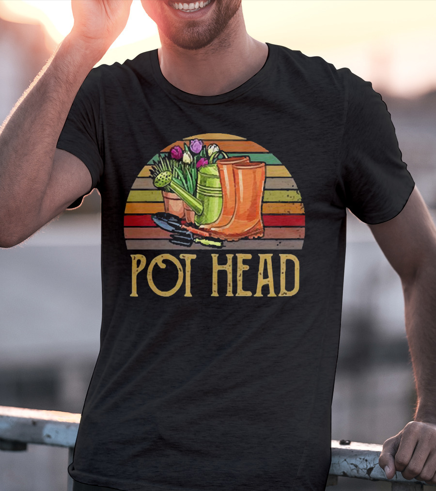 Pot Head Gardening Boots Watering Can Flowers Sunset Stripes T-Shirt