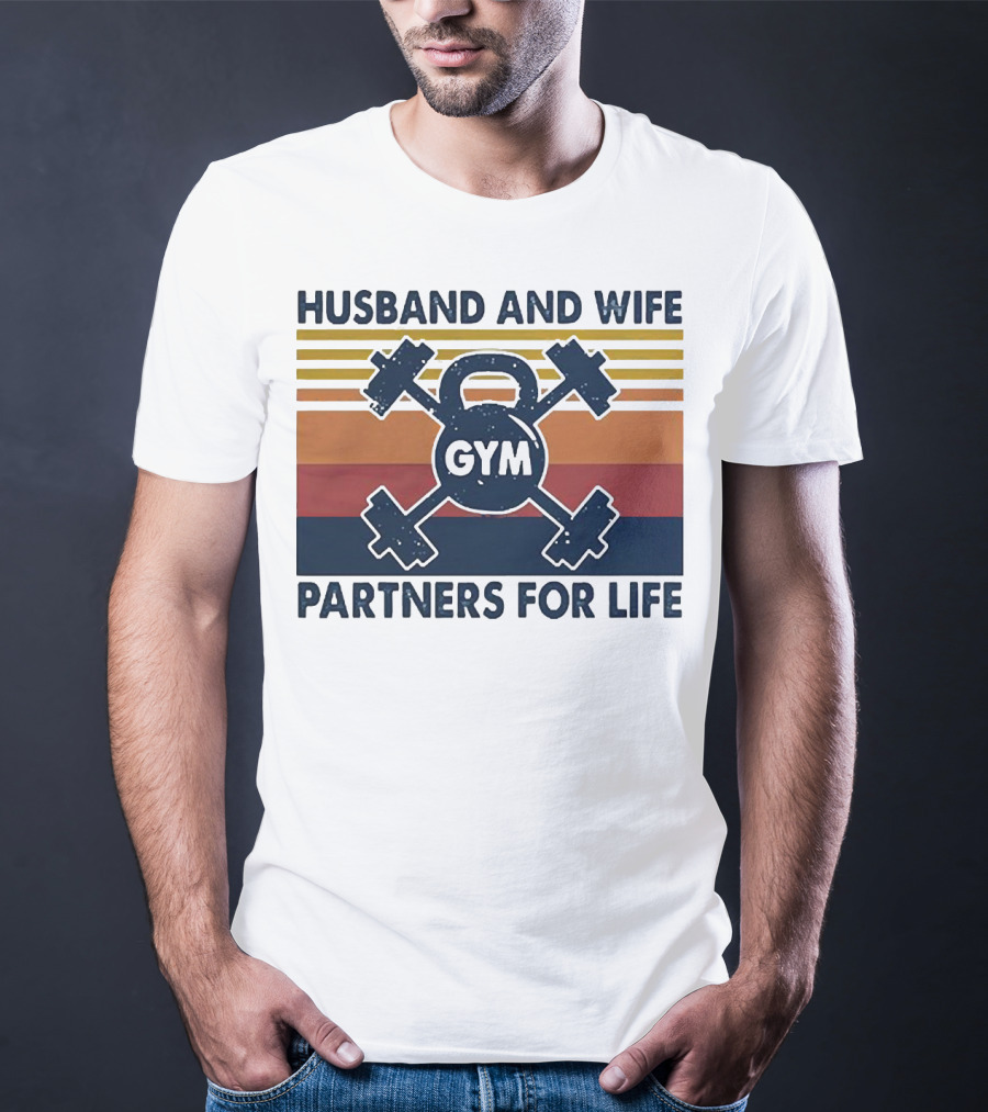 Husband And Wife Gym Partners For Life Kettlebell And Dumbbells Vintage Stripes T-Shirt