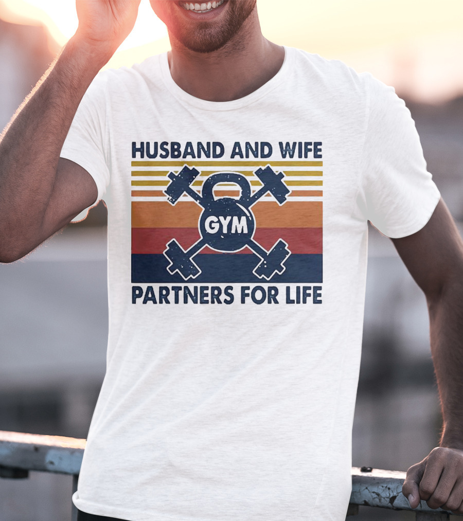 Husband And Wife Gym Partners For Life Kettlebell And Dumbbells Vintage Stripes T-Shirt
