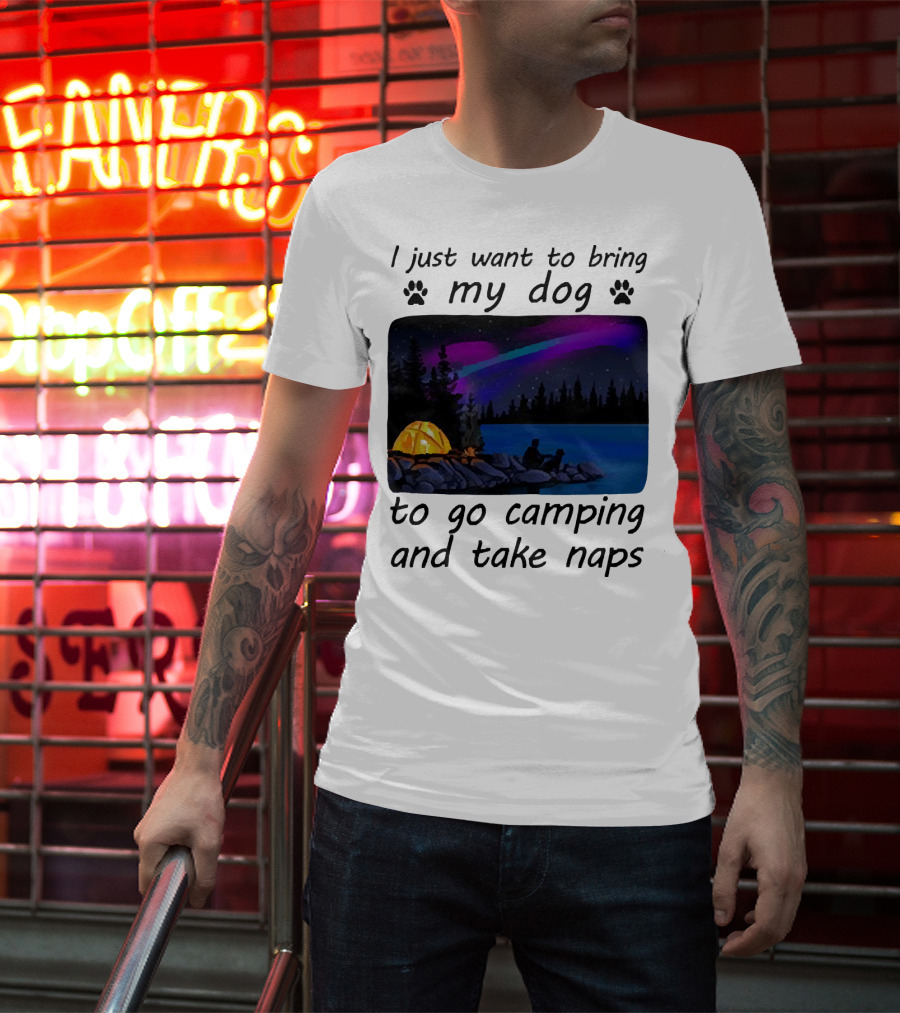I Just Want To Bring My Dog To Go Camping And Take Naps With Aurora Borealis And Tent By Lake T-Shirt