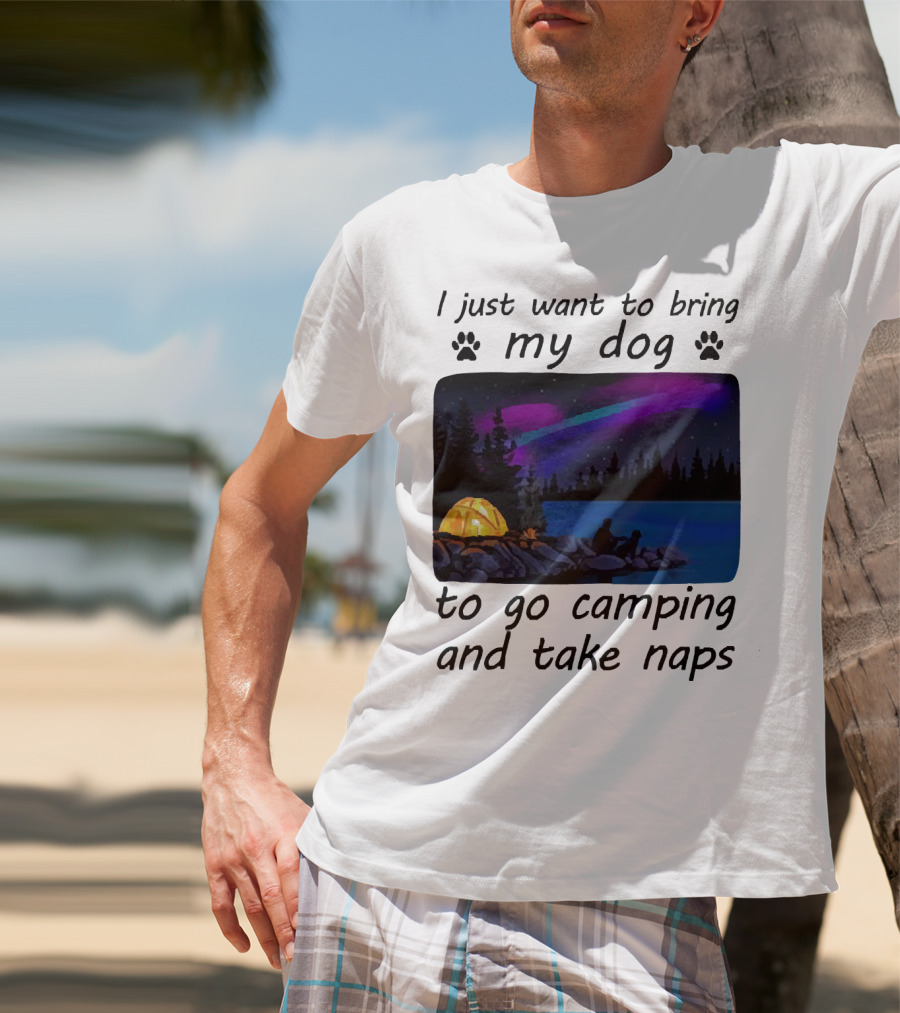 I Just Want To Bring My Dog To Go Camping And Take Naps With Aurora Borealis And Tent By Lake T-Shirt