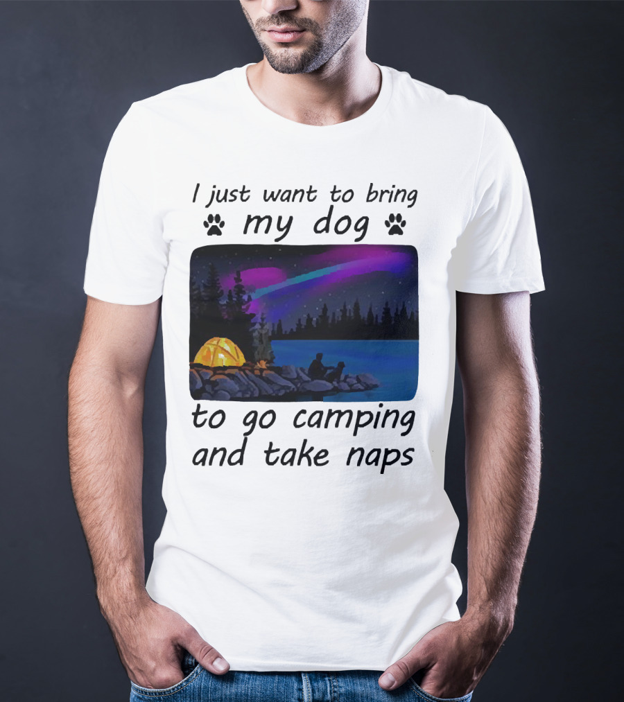 I Just Want To Bring My Dog To Go Camping And Take Naps With Aurora Borealis And Tent By Lake T-Shirt