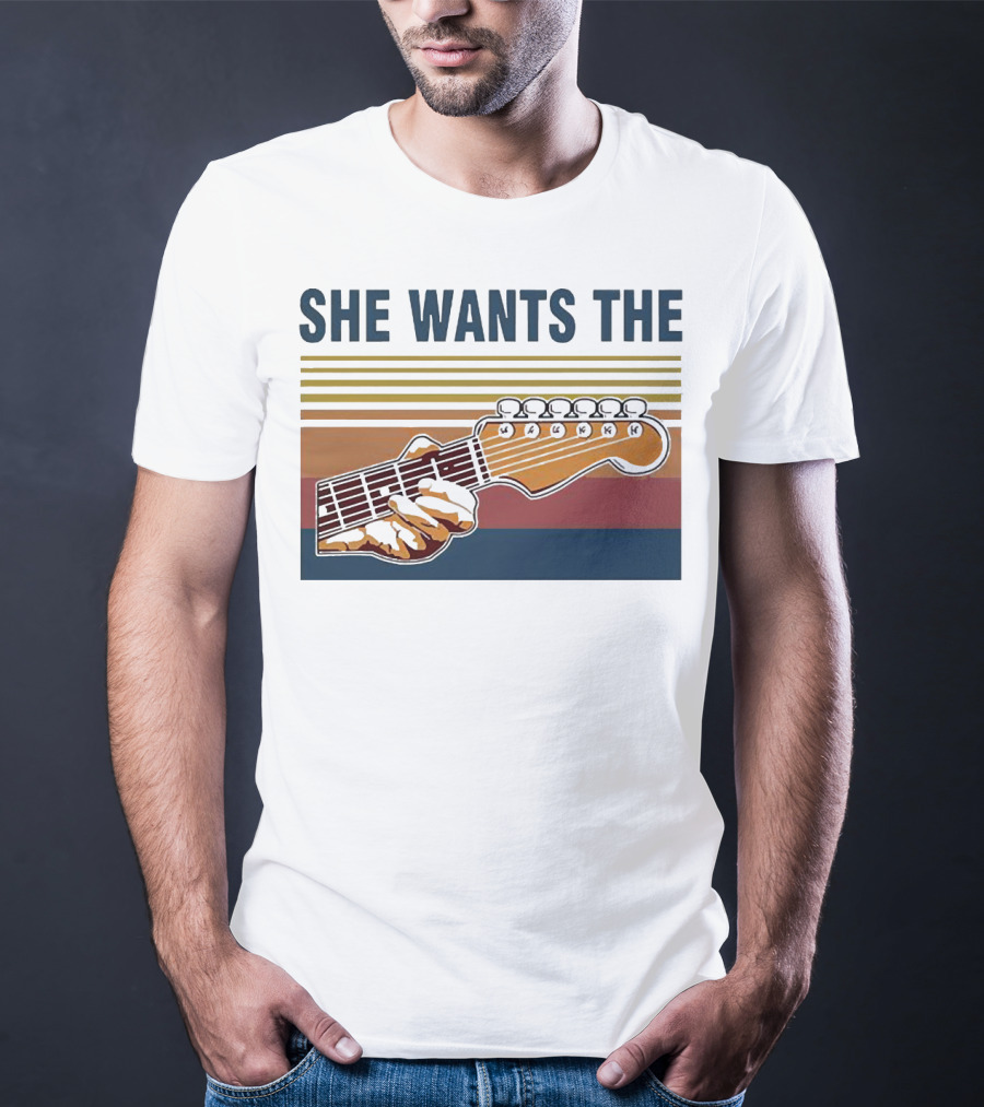 SHE WANTS THE GUITAR Retro Stripes Hand Playing Strings T-Shirt
