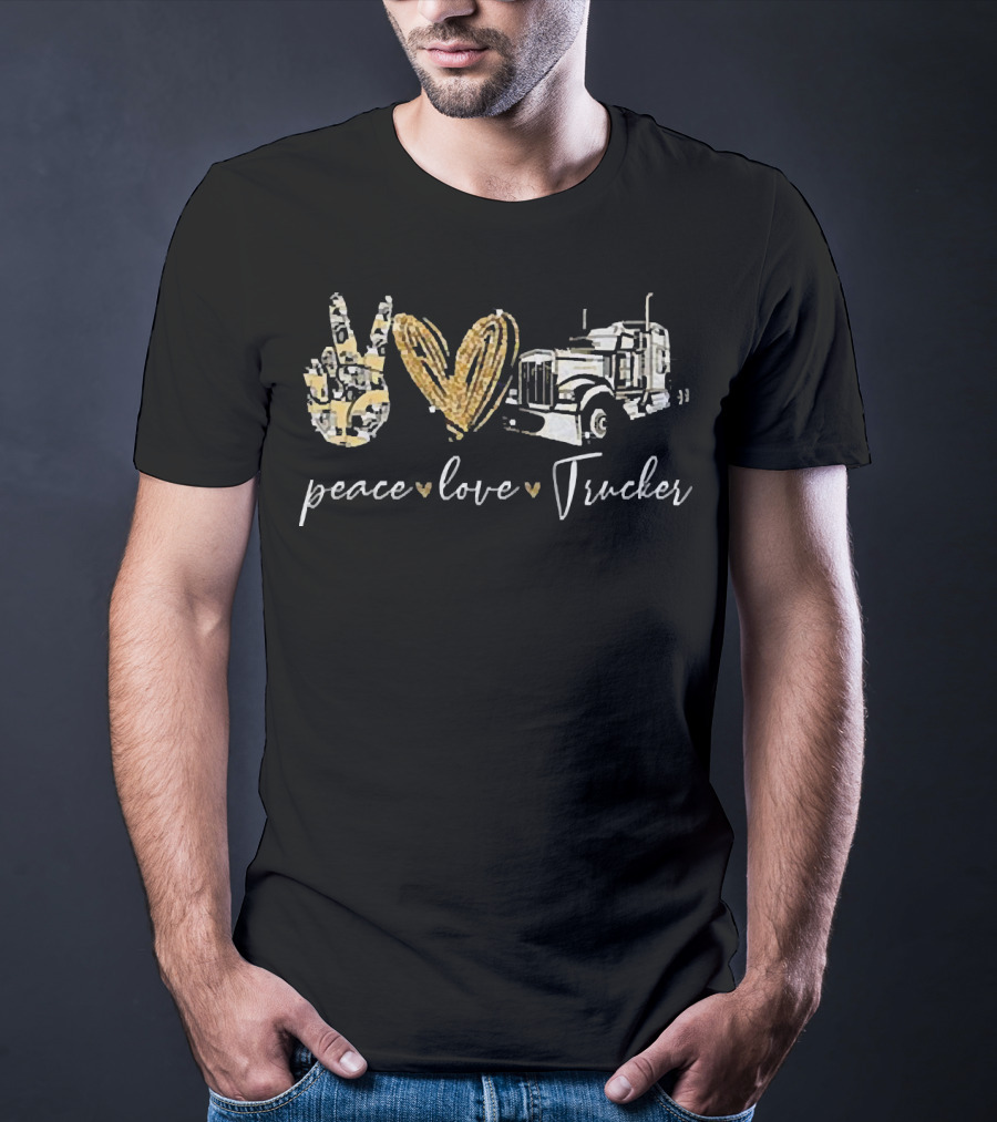 Peace Love Trucker Hand Gesture Heart Truck T-Shirt