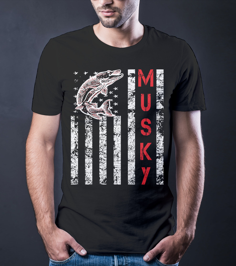 Musky Fishing Distressed Flag With Musky Catch And Stars T-Shirt