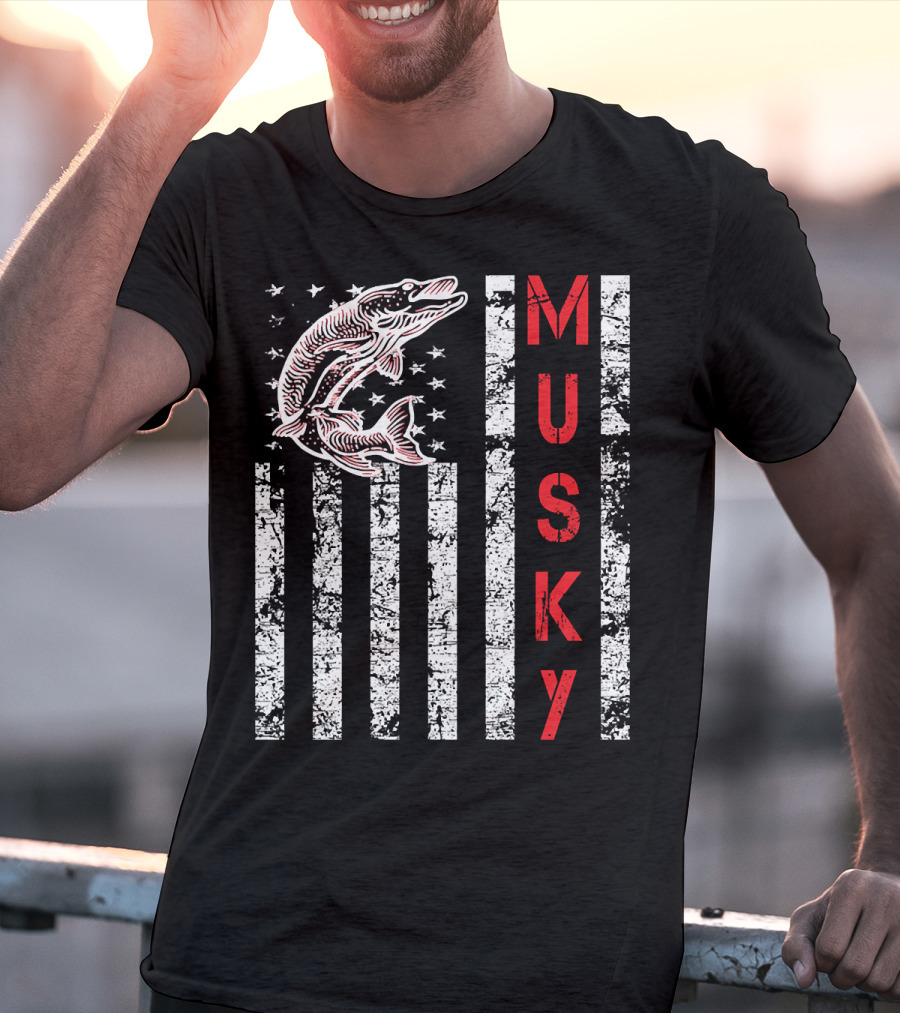 Musky Fishing Distressed Flag With Musky Catch And Stars T-Shirt