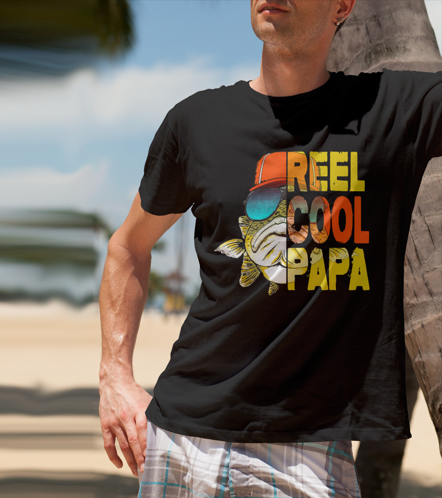 Fathers Day Fishing Reel Cool Papa Fish Wearing Hat Sunglasses T-Shirt