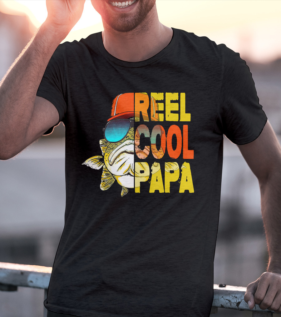 Fathers Day Fishing Reel Cool Papa Fish Wearing Hat Sunglasses T-Shirt