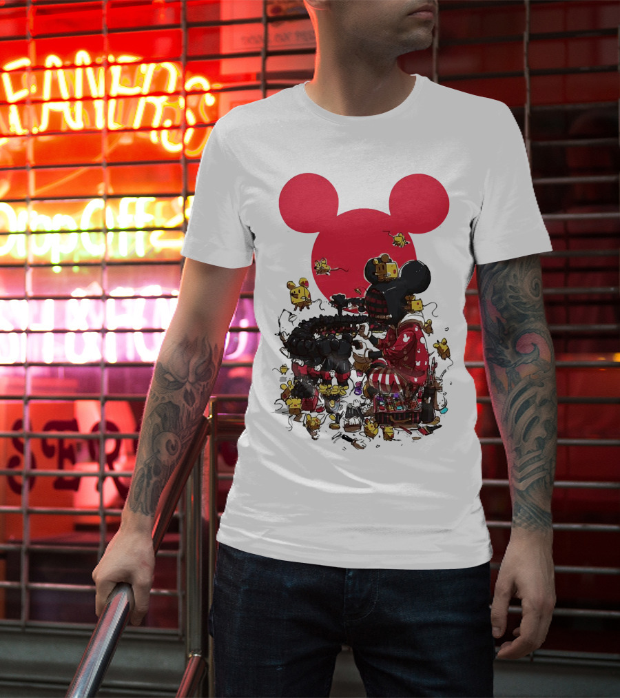 Mickey Mouse Red Circle Artist Scene With Small Characters T-Shirt