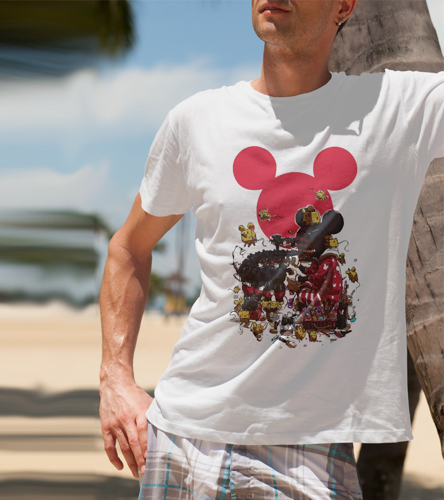 Mickey Mouse Red Circle Artist Scene With Small Characters T-Shirt