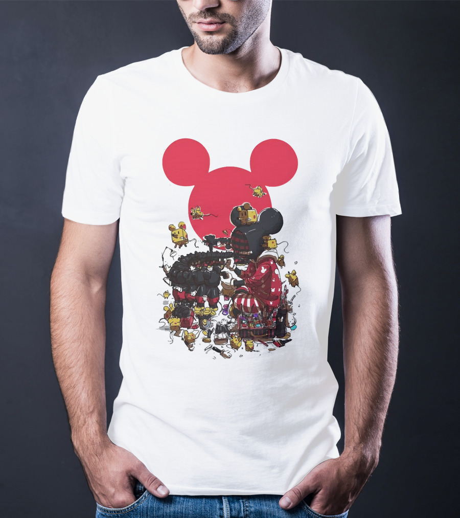 Mickey Mouse Red Circle Artist Scene With Small Characters T-Shirt