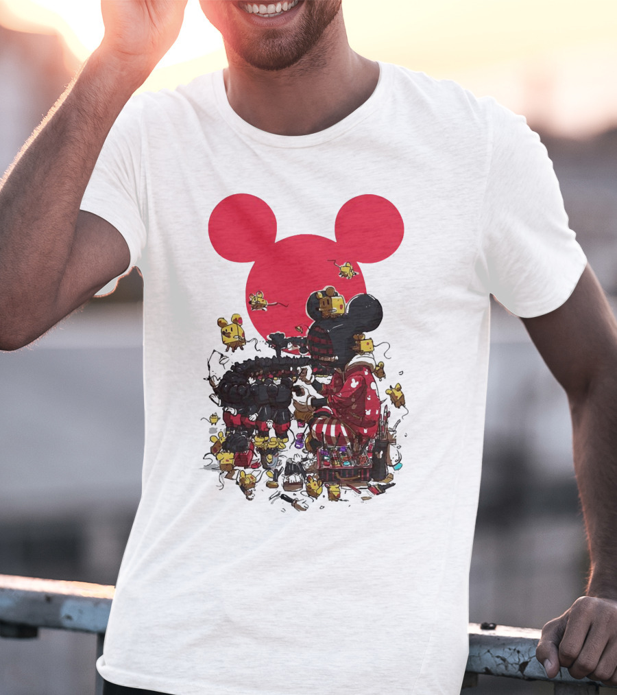 Mickey Mouse Red Circle Artist Scene With Small Characters T-Shirt