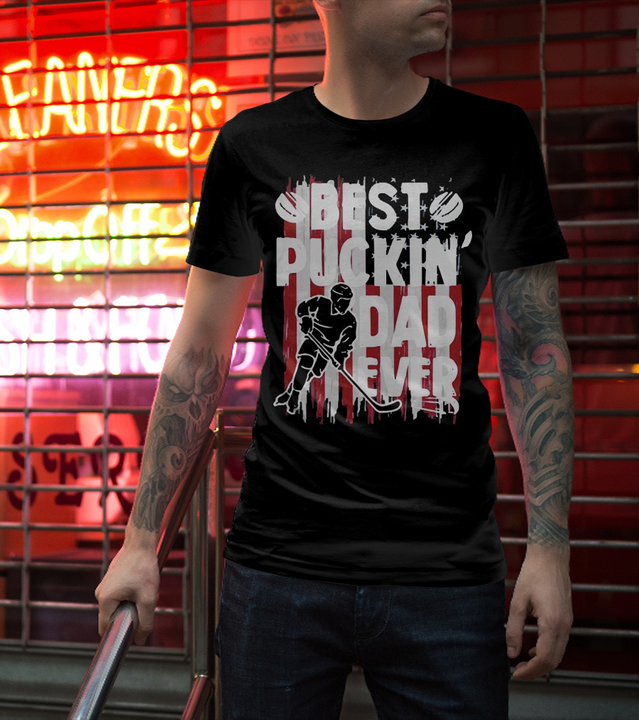 Best Puckin Dad Ever Hockey American Flag Player T-Shirt