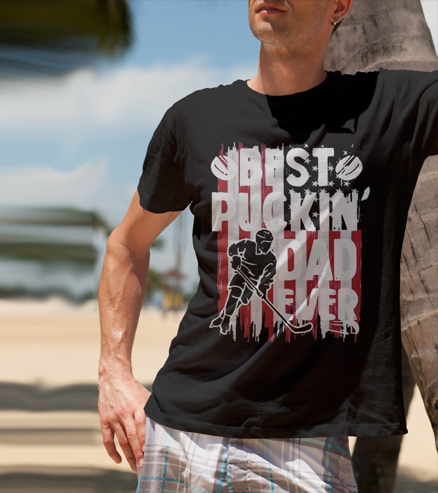 Best Puckin Dad Ever Hockey American Flag Player T-Shirt