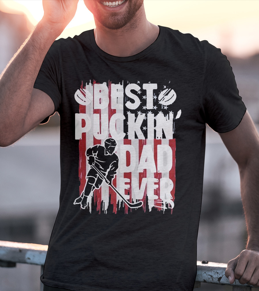 Best Puckin Dad Ever Hockey American Flag Player T-Shirt