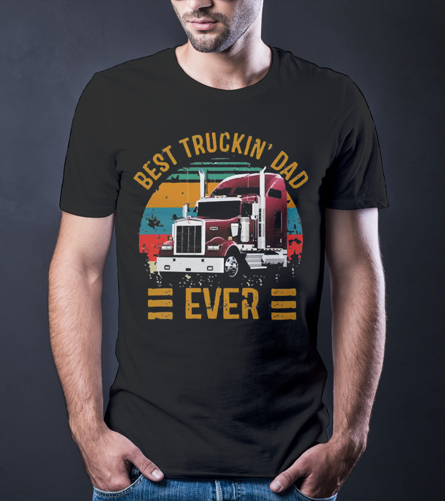 Best Truckin’ Dad Ever Vintage Striped Semi Truck T-Shirt