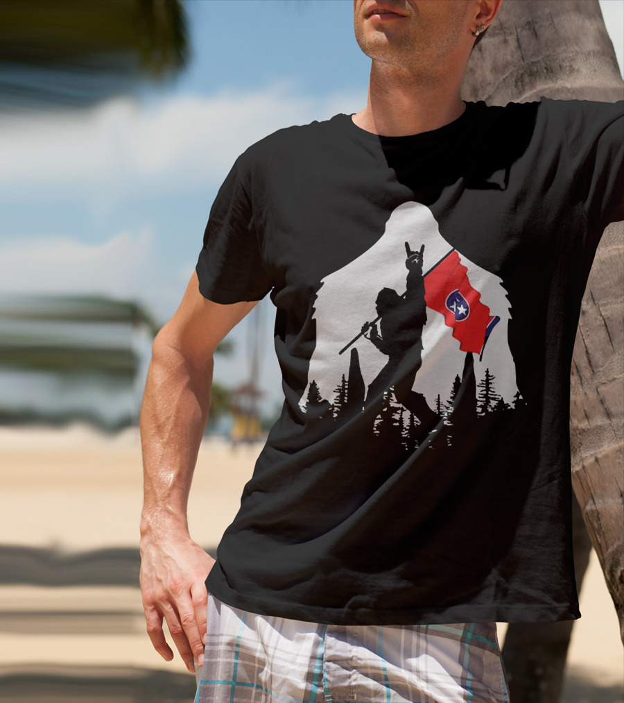 Bigfoot Silhouette With Rock And Roll Pose Holding Tennessee Flag In Forest T-Shirt