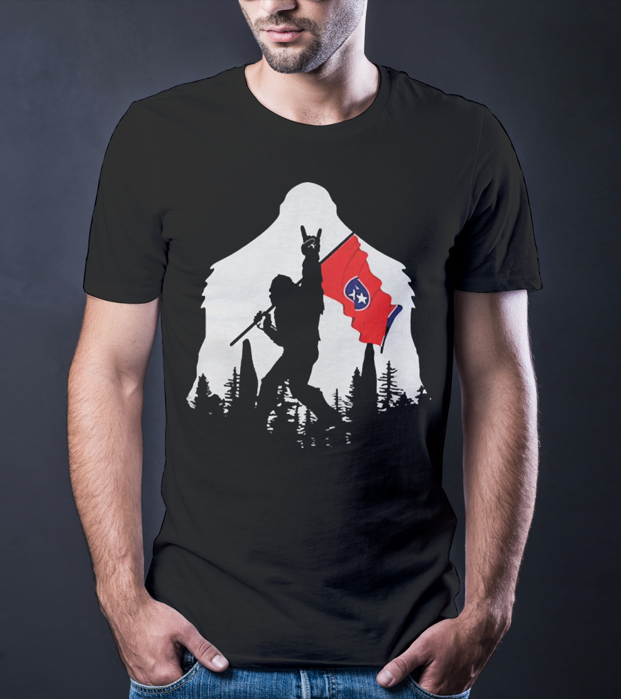 Bigfoot Silhouette With Rock And Roll Pose Holding Tennessee Flag In Forest T-Shirt