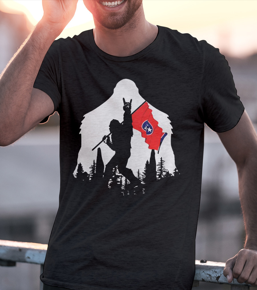Bigfoot Silhouette With Rock And Roll Pose Holding Tennessee Flag In Forest T-Shirt