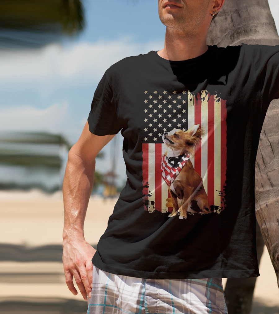 Patriotic Chihuahua With American Flag Background T-Shirt