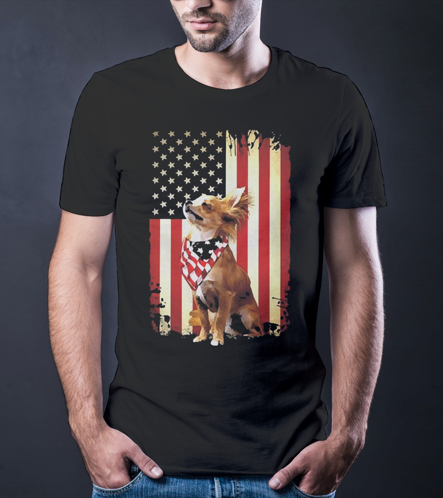 Patriotic Chihuahua With American Flag Background T-Shirt