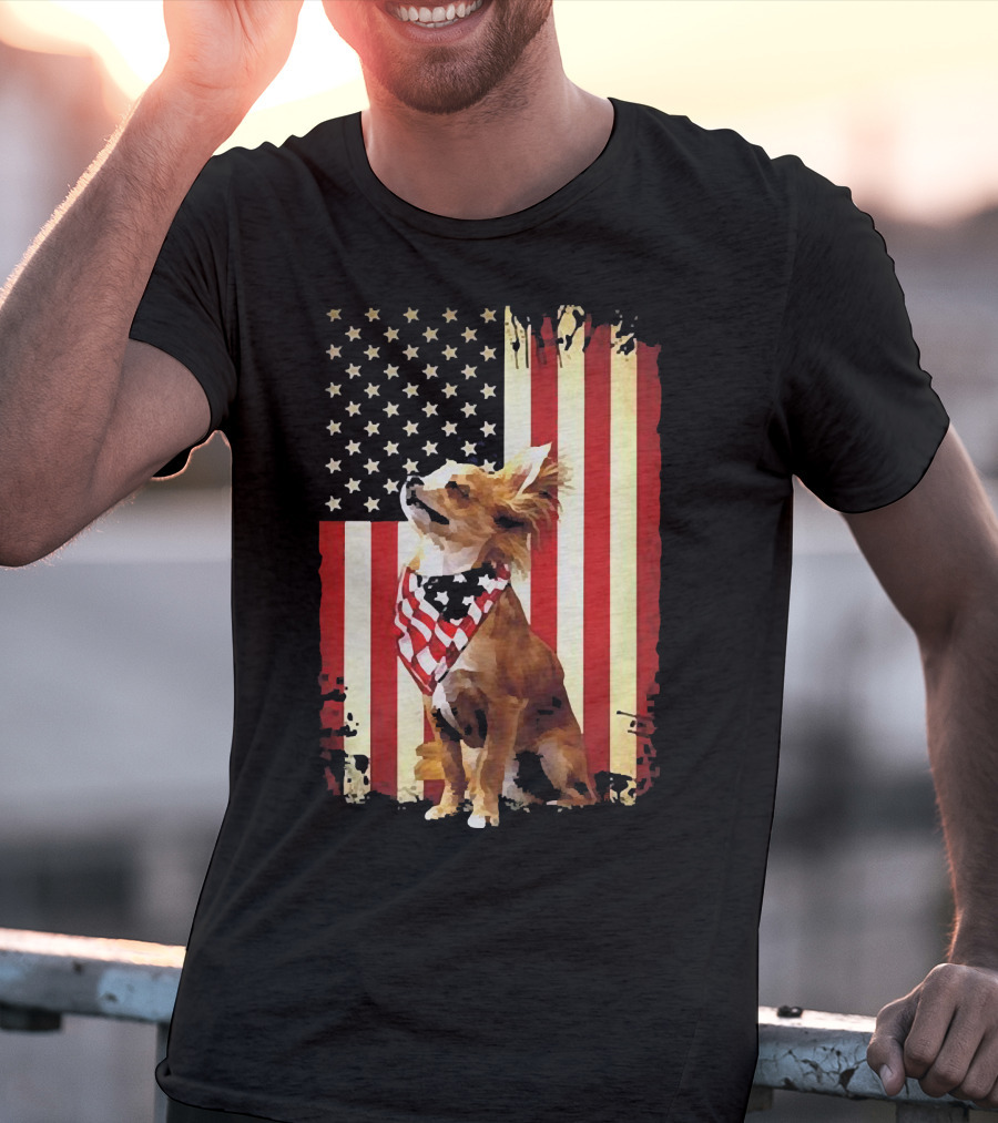 Patriotic Chihuahua With American Flag Background T-Shirt