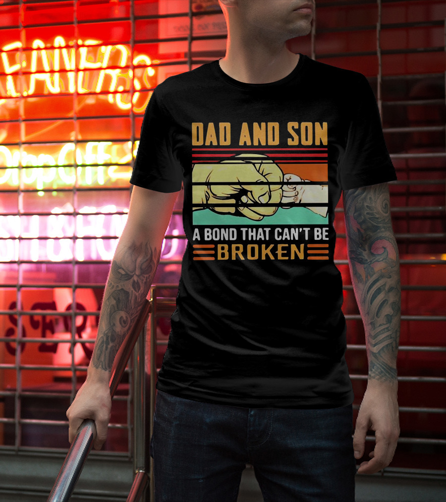 Dad And Son A Bond That Can't Be Broken Fist Bump Retro Stripes T-Shirt